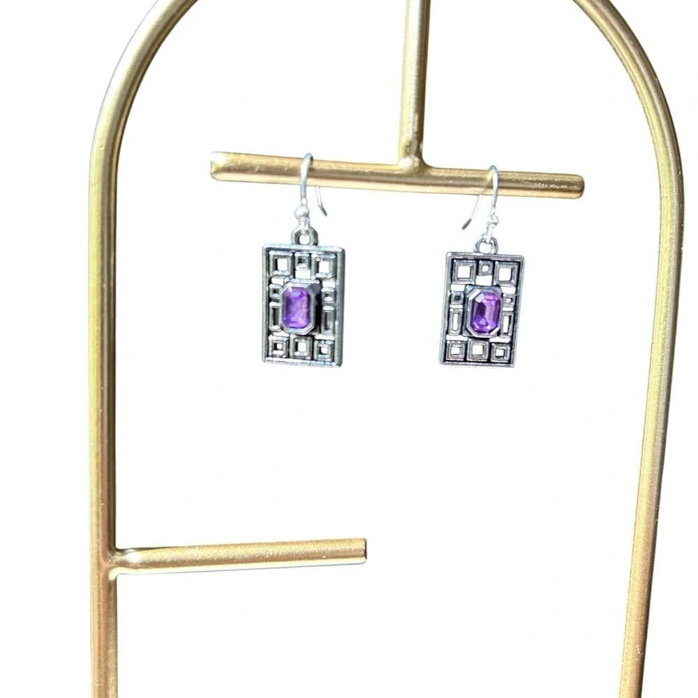 New Silver Amethyst Geometric Dangle Earrings